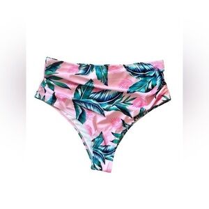 XL Cupshe pink tropical leaves high waisted cut ruched bikini bottom beach